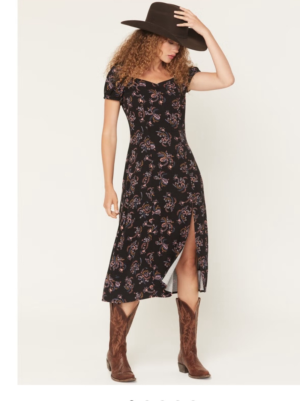 Idyllwind Black Floral Midi Dress with Side Slit NWT
